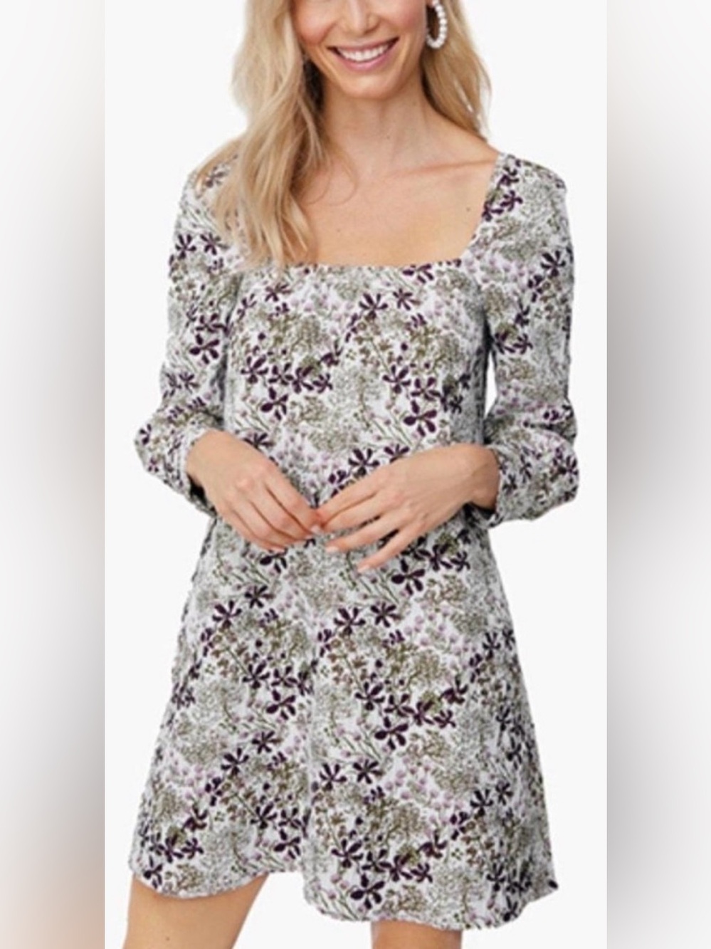 Tuckernuck Small Lexi Mini Dress Floral Square Neck Puff Sleeve Smocked Green